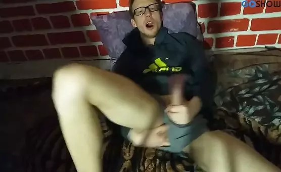 Eyeglasses Man Stroking His Cock for Orgasm Delight