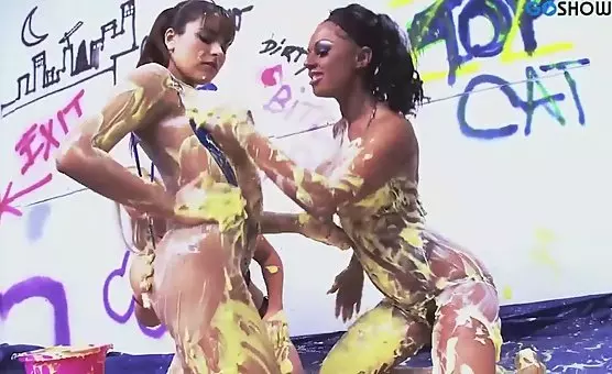 Lesbian Paintball Orgy Slutty Yellow Stains